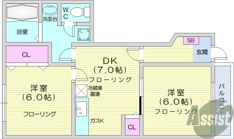 2DK、エアコン、バストイレ別、モニター付きインターホン