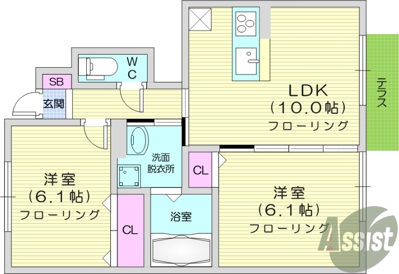 2LDK、ＴＶインターホン、温水洗浄便座、
