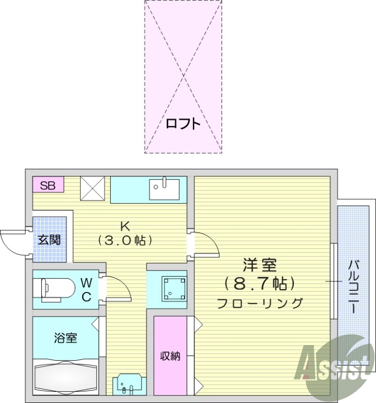 １K、角部屋、室内物干し、ロフト、エアコン