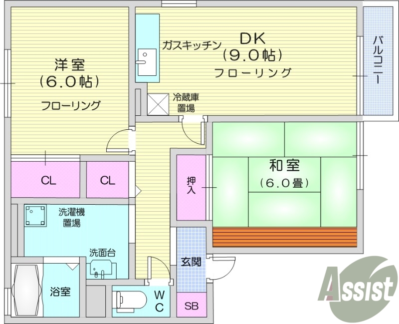 2DK、バストイレ別、温水洗浄便座付き、室内洗濯置場