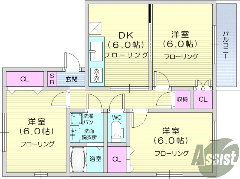 3DK、温水洗浄便座、TVインターホン、独立洗面台