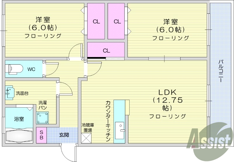 2LDK、温水洗浄便座、TVインターホン、独立洗面台