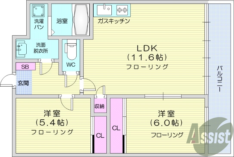 2LDK、都市ガス、追い焚き機能付き、シャンドレ
