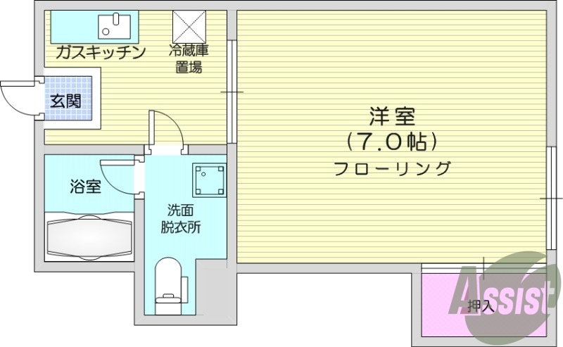 1K、コンロ設置可、都市ガス、バストイレ別