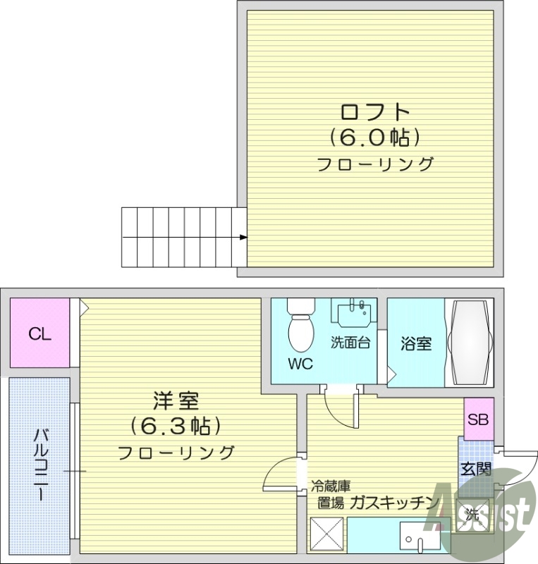 1K、ロフト付き、エアコン、バストイレ別