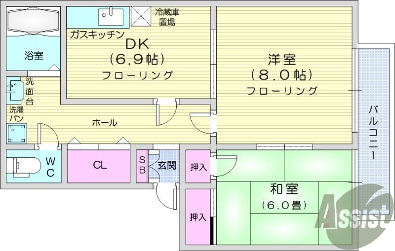 2DK、バストイレ別、温水洗浄便座付き、室内洗濯置場