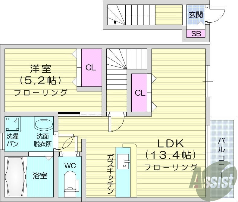 1LDK、インターネット無料、南向き、カウンターキッチン