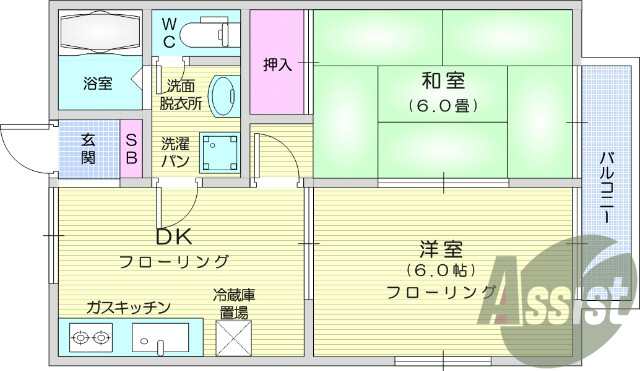 2DK、エアコン、フローリング、バルコニー、室内洗濯機置き場