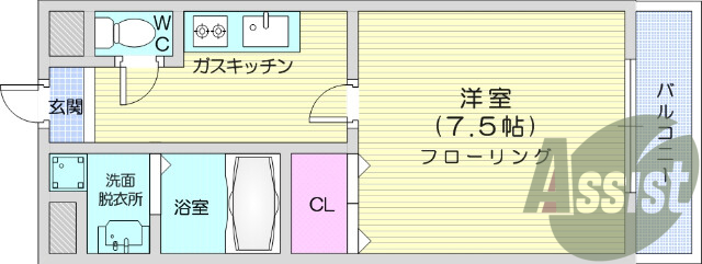 1K、洗面台、エアコン、室内洗濯機置場