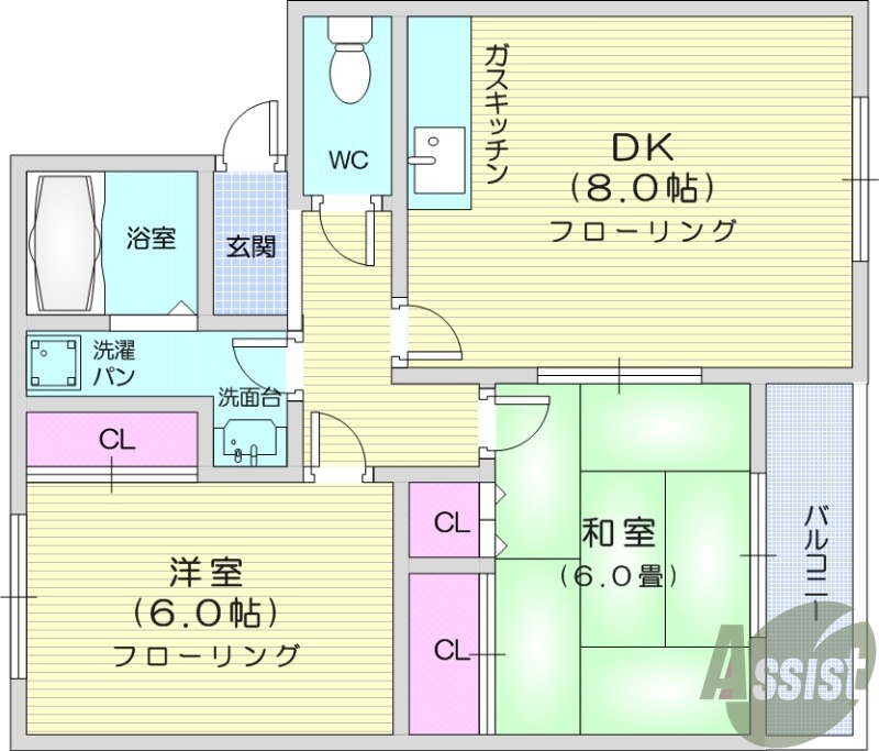 ２DK、バストイレ別、バルコニー、和室、クローゼット