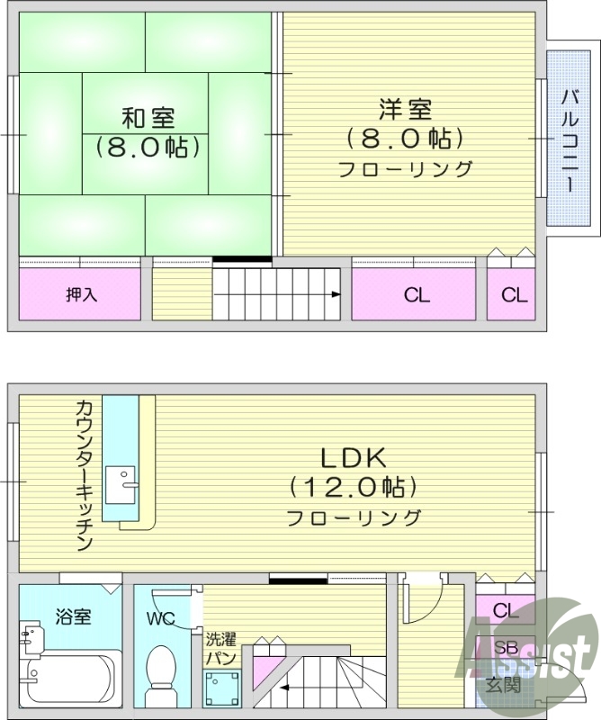 2LDK、LDK12帖、バストイレ別、カウンターキッチン