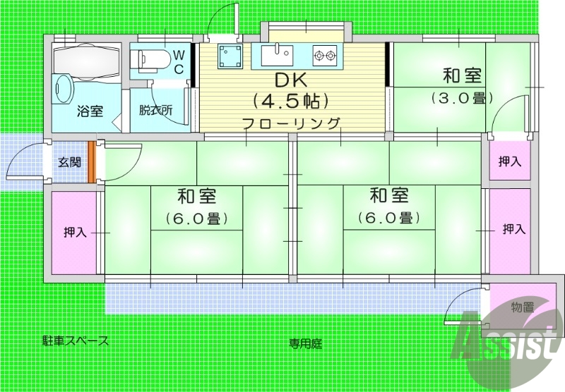 ３DK、平屋、専用庭、倉庫、駐車場付き、風呂トイレ別、収納