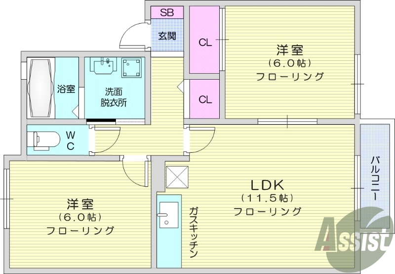 2LDK、バルコニー、エアコン、ウォシュレット、独立洗面台