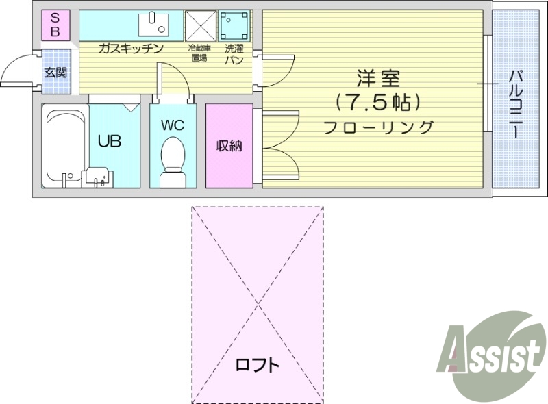 1K、陽当たり良好、ロフト部分収納スペース有り。