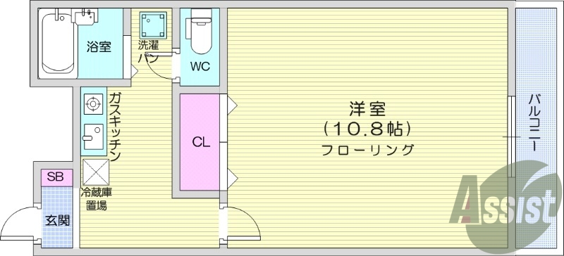 1K、エアコン、システムキッチン、室内洗濯機置場