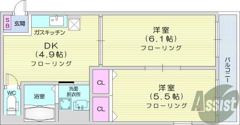 ２DK、バルコニー、クローゼット、バストイレ別