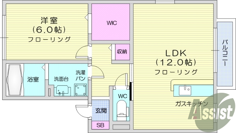 １LDK、ウォークインクローゼット、バストイレ別、追焚機能