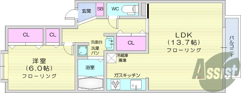 1LDK、B・T別、南向き開口部、システムキッチン