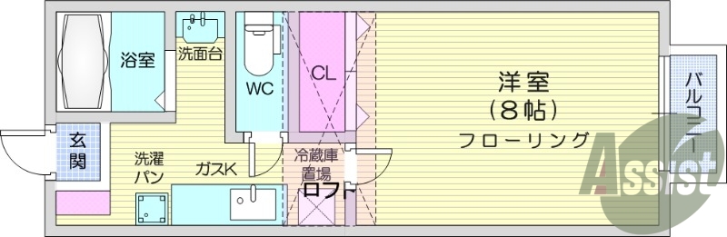 1K、広々とした洋室でロフトが付いているお部屋です。
