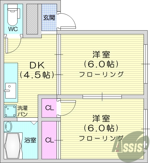 2DK、エアコン、室内洗濯機置場、トイレ浴室別、追い焚き