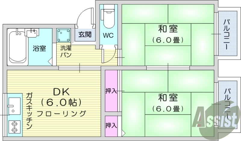 1LDK、カウンターキッチン、追い焚き機能、南向き