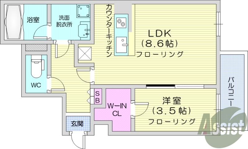 1LDK、バストイレ別、ウォークインクローゼット