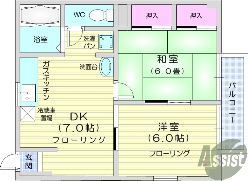 2DK南向き、角部屋、バストイレ別、追い焚き、BS