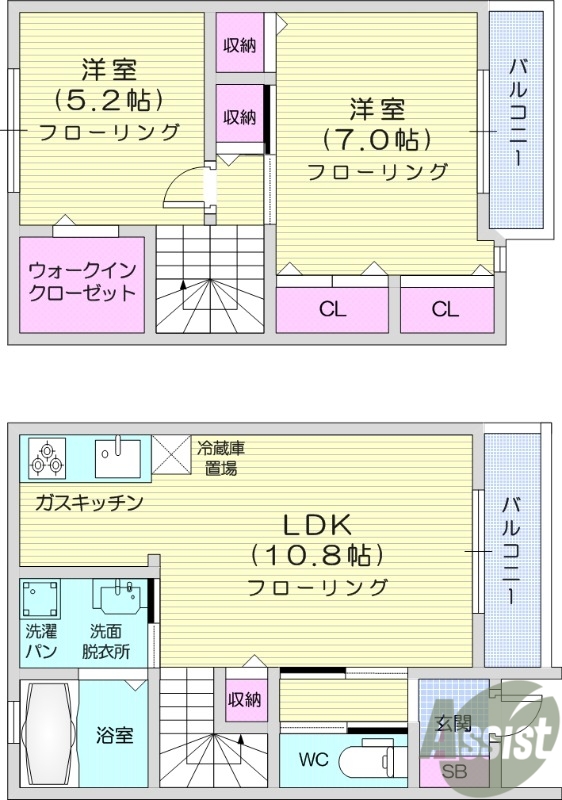 2LDK、南向き、バストイレ別、追い焚き、浴室乾燥機