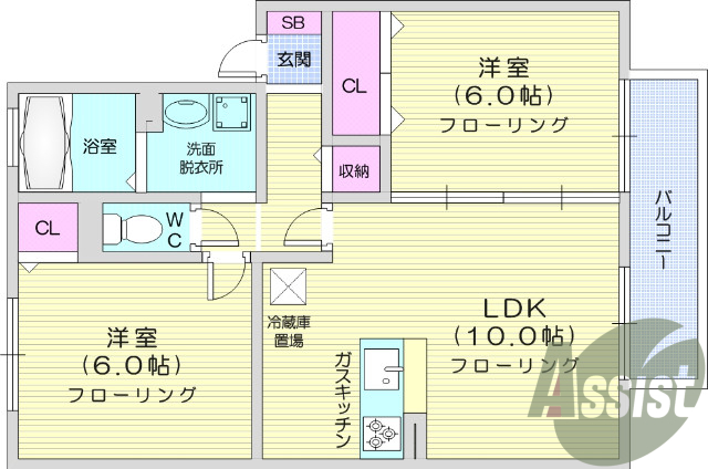 2LDK、バストイレ別、追い焚き給湯、物置