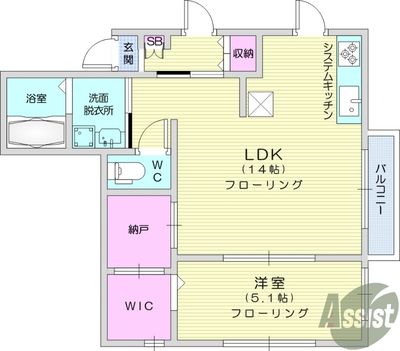 1SLDK、南向き、バス・トイレ別、追焚機能、浴室暖房