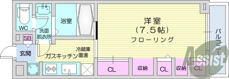 1K、エアコン、バストイレ別、浴室乾燥