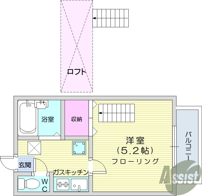 1K、ロフト付き、2口コンロ、エアコン。
