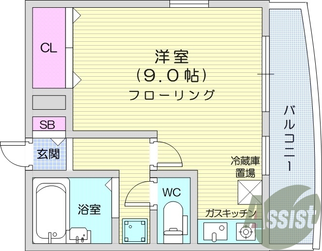 １R、都市ガス、エアコン、南向き、バルコニー、収納