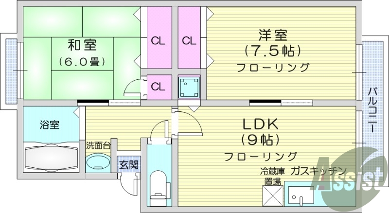 2LDK、バストイレ別、陽当たり良好、室内洗濯置場