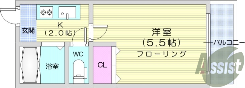 1K、エアコン、バストイレ別室、収納、ガスコンロ