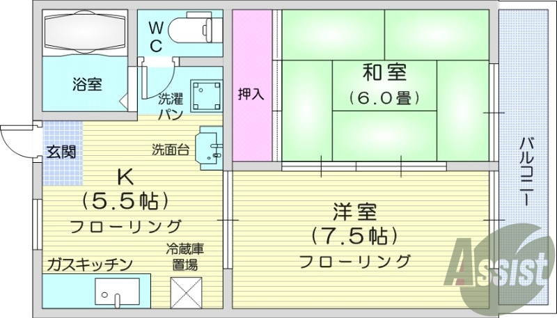 ２DK、都市ガス、室内洗濯機置場、温水洗浄便座