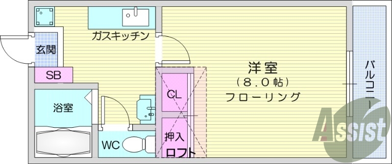 1K、給湯、エアコン、シャンプードレッサー、インターホン