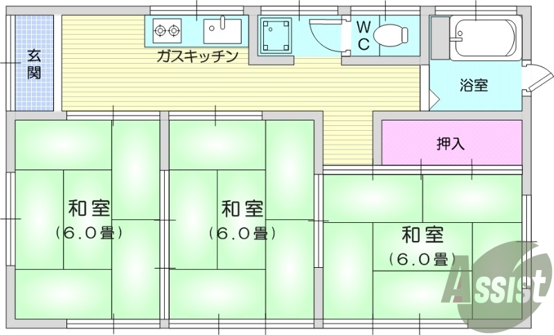 3K、都市ガス、和室、エアコン、追い焚き機能