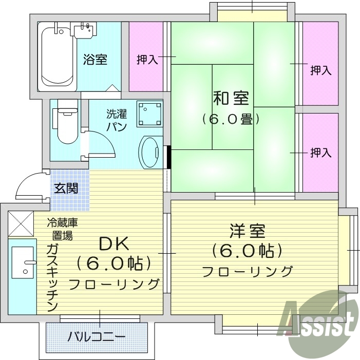2DK、BT別、収納スペース、室内洗濯機置場、エアコン