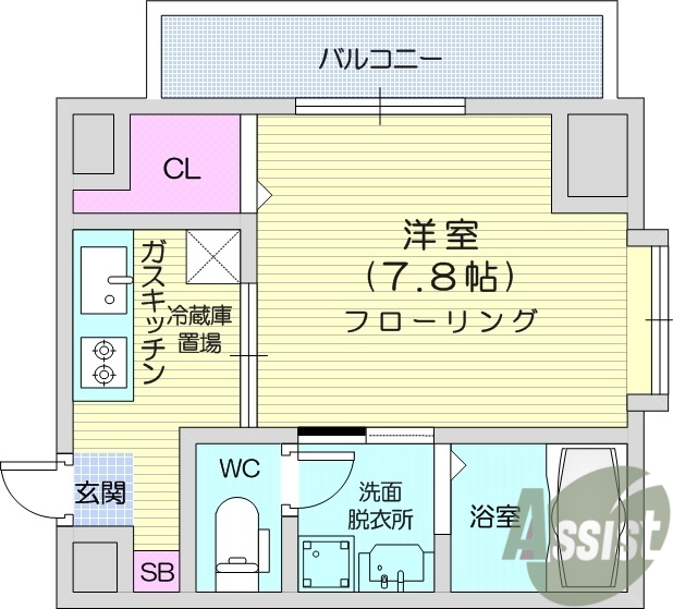 1K、防犯カメラ、オートロック、独立洗面台、室内洗濯機置場