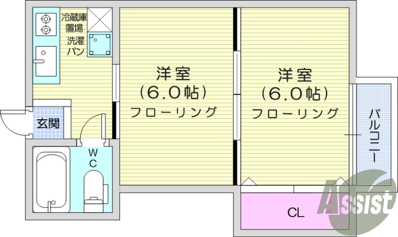2K、バルコニー、室内洗濯機置き場、フローリング