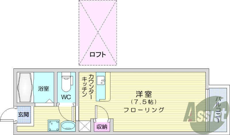 1K、ロフト、エアコン、フローリング、給湯
