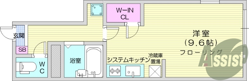 １K、ウォークインクローゼット、システムキッチン