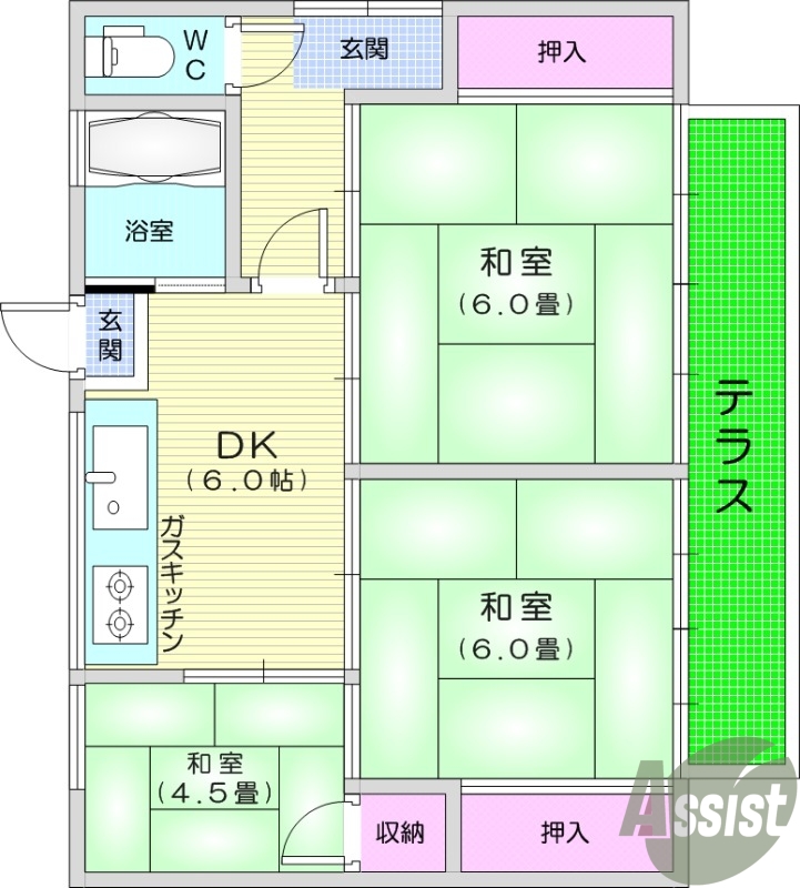 3DK、ペット相談可、事務所利用可、追い焚き。