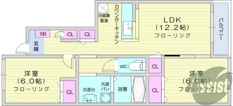 2LDK、バストイレ別、陽当たり良好、室内洗濯置場