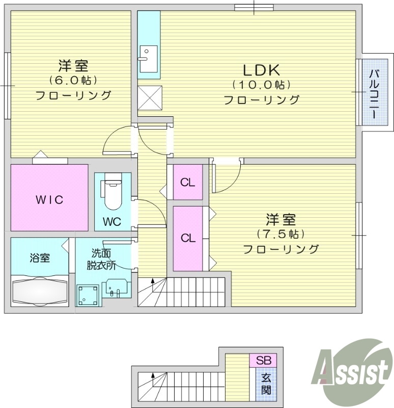 2LDK、フローリング、ウォークインクローゼット、独立洗面台
