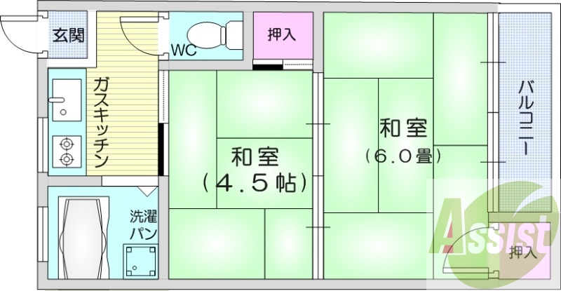 2K、閑静な住宅地、都市ガス、エアコン、南向き