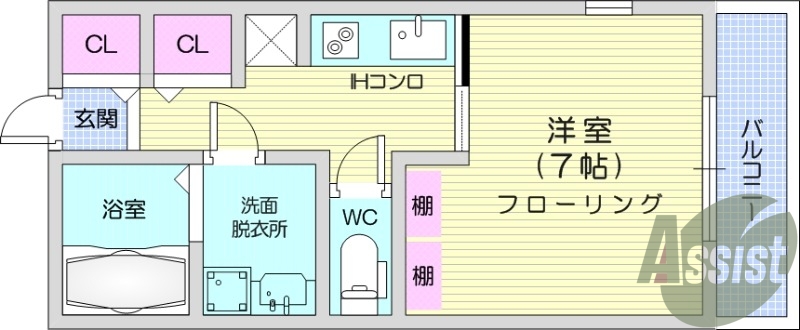 1K、追い焚き機能付き浴室、独立洗面化粧台有り。