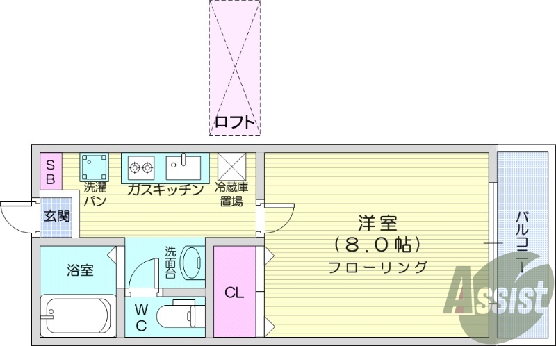 洋室８帖、落合徒歩圏内、駐車場無料、ロフト付