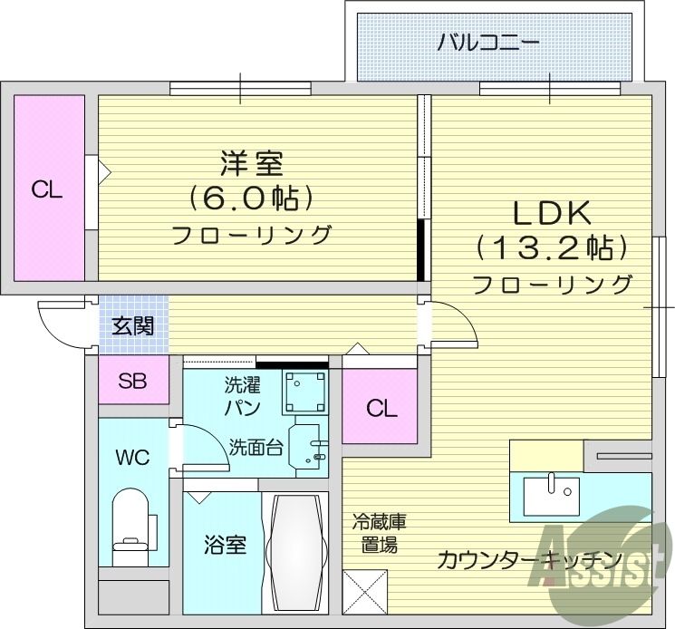 1ＬＤＫ、バルコニー、収納、カウンターキッチン
